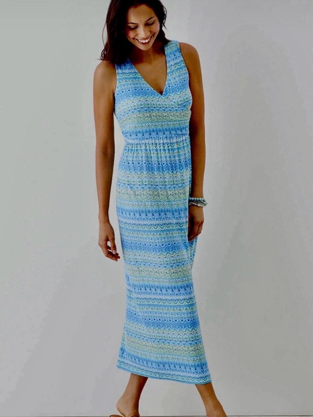 J. Jill Faux Wrap Sleeveless Maxi Dress M Blue Green Resortwear Summer Vacation